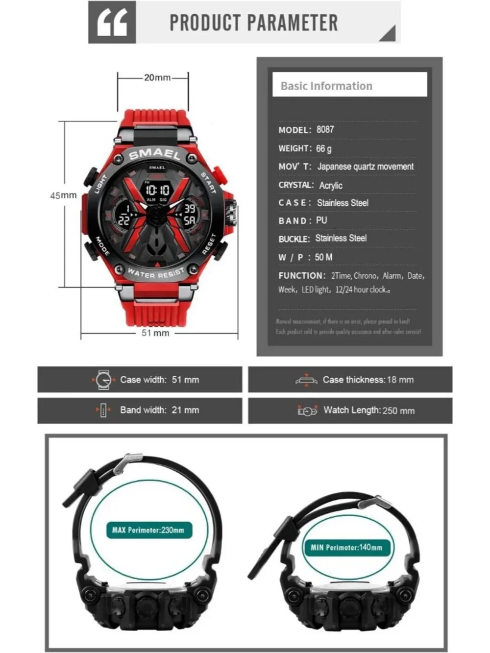 Men's All Red Analog Quartz Sports Waterproof Military Alarm LED Digital Watch